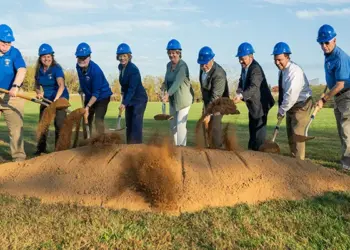 Carroll Community College celebrates the groundbreaking of the Dr. James Ball Athletics Complex. Pictured from left to right: David O’Callaghan, Board Chairperson; Terri Leatherwood, Athletics Director; Dr. James Ball, Emeritus President; Dr. Rose Mince, President; Commissioner Susan Krebs; Commissioner Kenneth Kiler; Commissioner Tom Gordon; Steve Aquino, Foundation Board President; and Steve Wantz, Executive Director of Institutional Advancement & College Foundation.