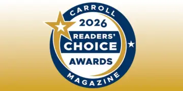 Circular badge that says 'Carroll 2026 Readers’ Choice Awards Magazine' with a gold star and blue ring design.
