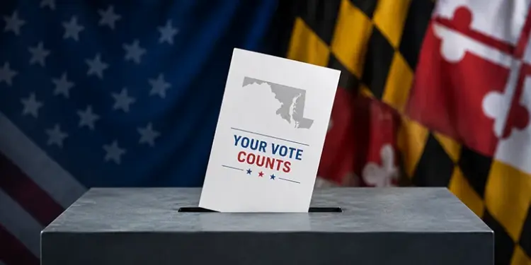 - Carroll News | Carroll Publications | Carroll County, MD Ballot being dropped into a ballot box with a 'Your Vote Counts' card, patriotic flags in the background.