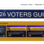 Screenshot 2026-06-11 at 42438 PM - Carroll News | Carroll Publications | Carroll County, MD Website header for Community Media Center with a 2026 Voters Guide banner and an Upcoming Forums section showing three candidate-forum cards (District 2, Carroll County Sheriff, District 5 Delegates).