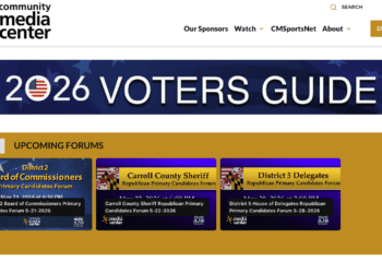 Website header for Community Media Center with a 2026 Voters Guide banner and an Upcoming Forums section showing three candidate-forum cards (District 2, Carroll County Sheriff, District 5 Delegates).