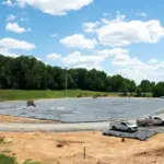 CCC James D. Ball Athletic Field Complex Construction copy - Carroll News | Carroll Publications | Carroll County, MD Construction site for a sports field in progress: a large excavated area lined with black tarp, with several trucks and equipment and dirt mounds around it, trees in the background.