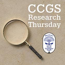 Magnifying glass on a beige surface beside the text 'CCGS Research Thursday' and a round genealogical society logo.