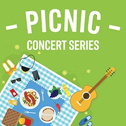 Promo illustration for Picnic Concert Series: a green background with a picnic blanket, food, and a guitar on display.