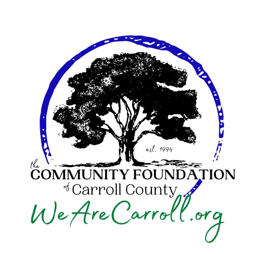 Logo for The Community Foundation of Carroll County featuring a large tree inside a blue circle, with the organization name and the site WeAreCarroll.org.