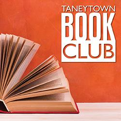 Banner for Taneytown Book Club featuring an open book on a wooden surface against an orange background.