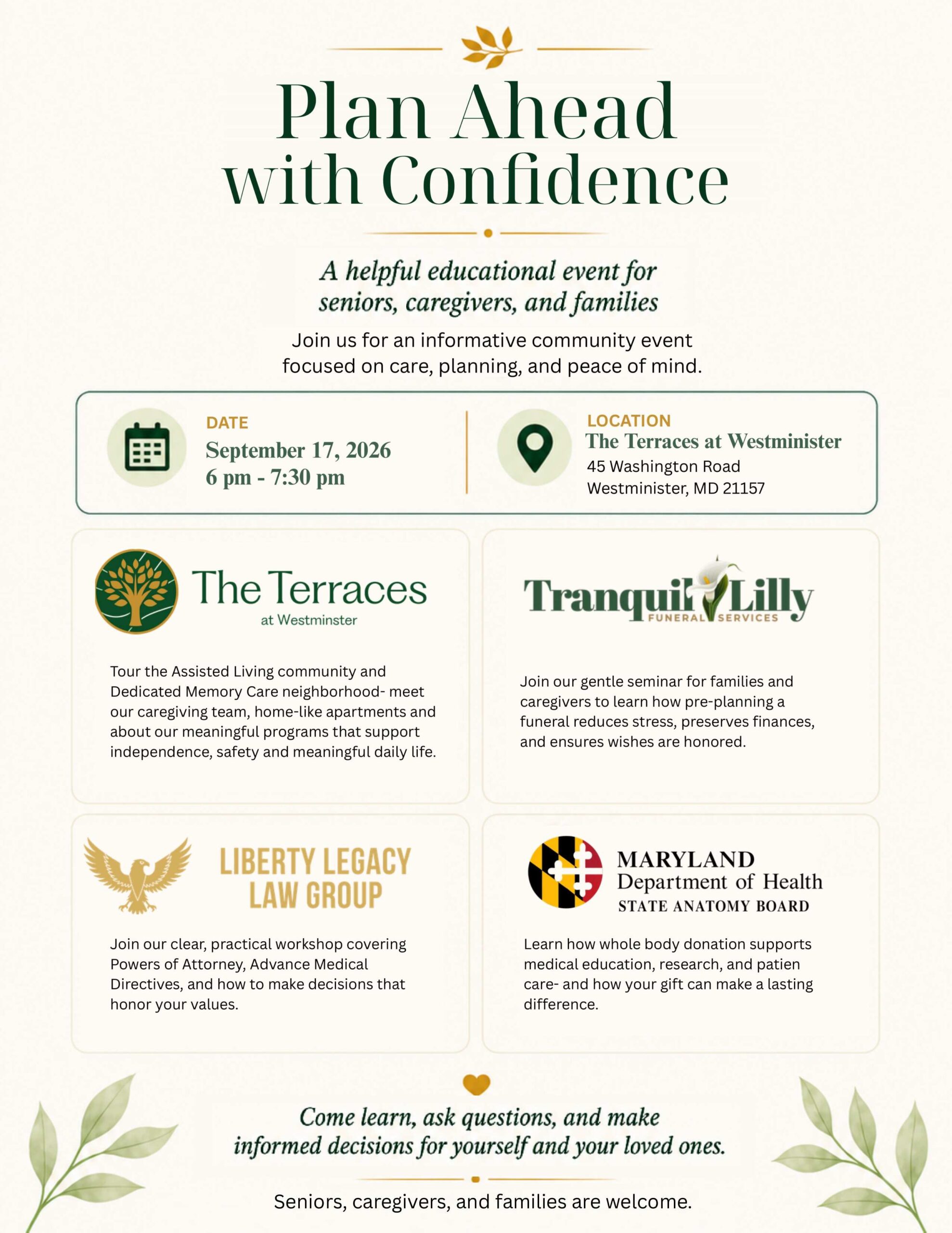 Poster for 'Plan Ahead with Confidence,' an educational event for seniors, caregivers, and families with date, time, and location details.
