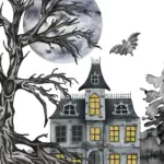 halloween_image - Carroll News | Carroll Publications | Carroll County, MD Haunted castle with yellow-lit windows, a gnarled tree, and bats flying beneath a full moon in a dark, eerie scene.